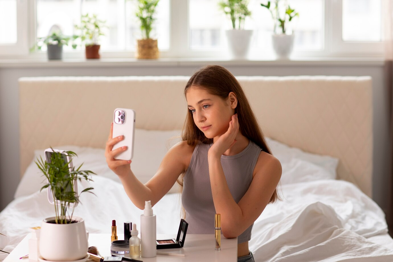 Jovem mulher fazendo maquiagem e olhando o celular